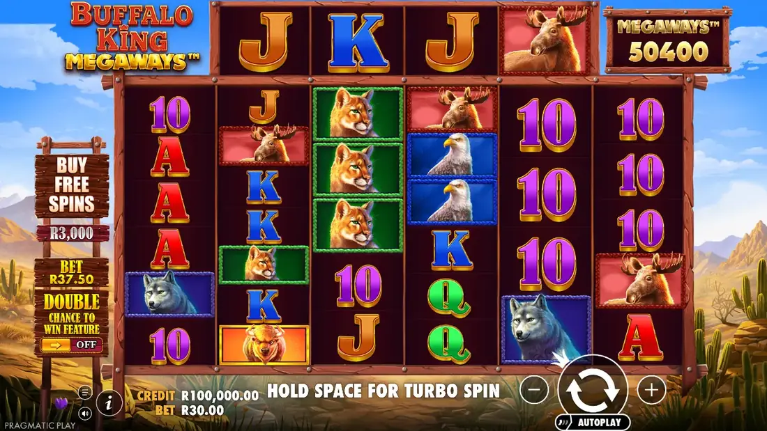 Buffalo King Megaways base game grid in demo mode